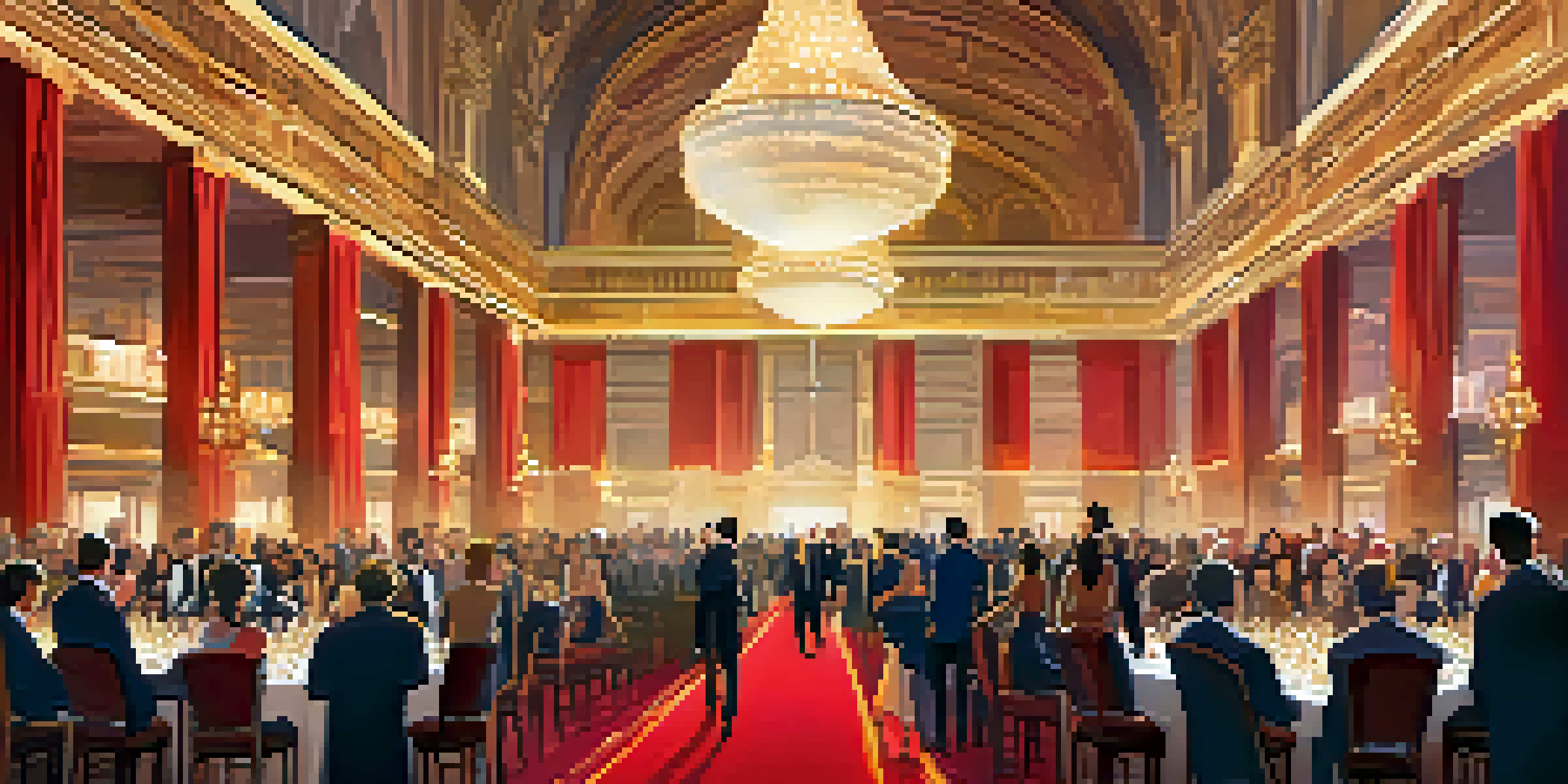 A vibrant film award ceremony with people in formal attire on a red carpet, golden lighting, and trophies in the background.