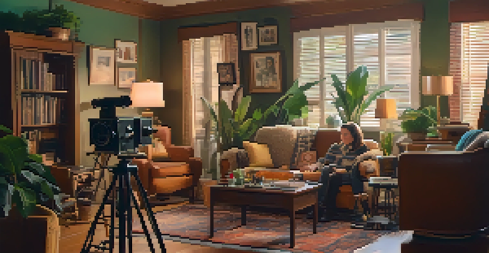 A small film crew on a vintage set, with actors dressed in 1970s costumes and warm lighting.