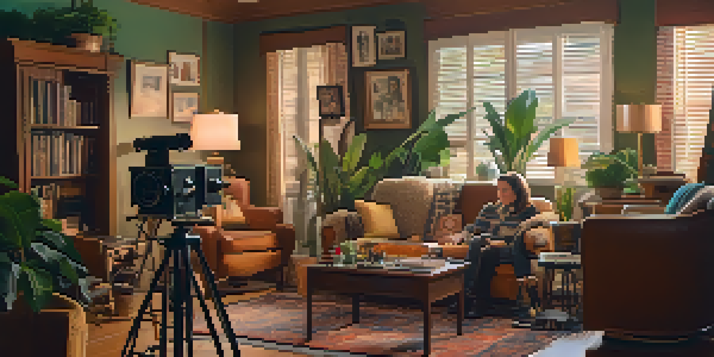 A small film crew on a vintage set, with actors dressed in 1970s costumes and warm lighting.