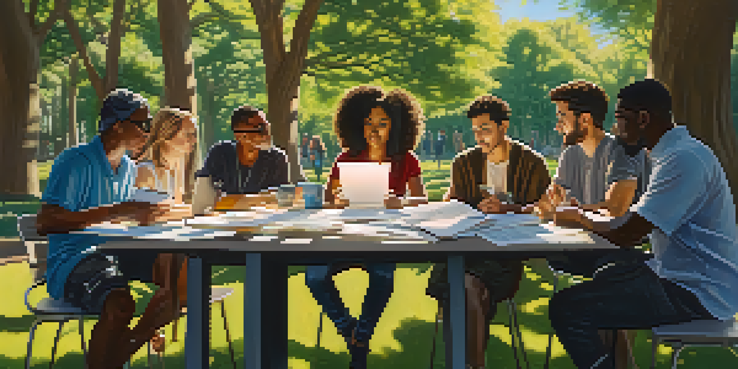 A diverse group of aspiring screenwriters sitting at a table in a park, working on scripts with sunlight filtering through trees.