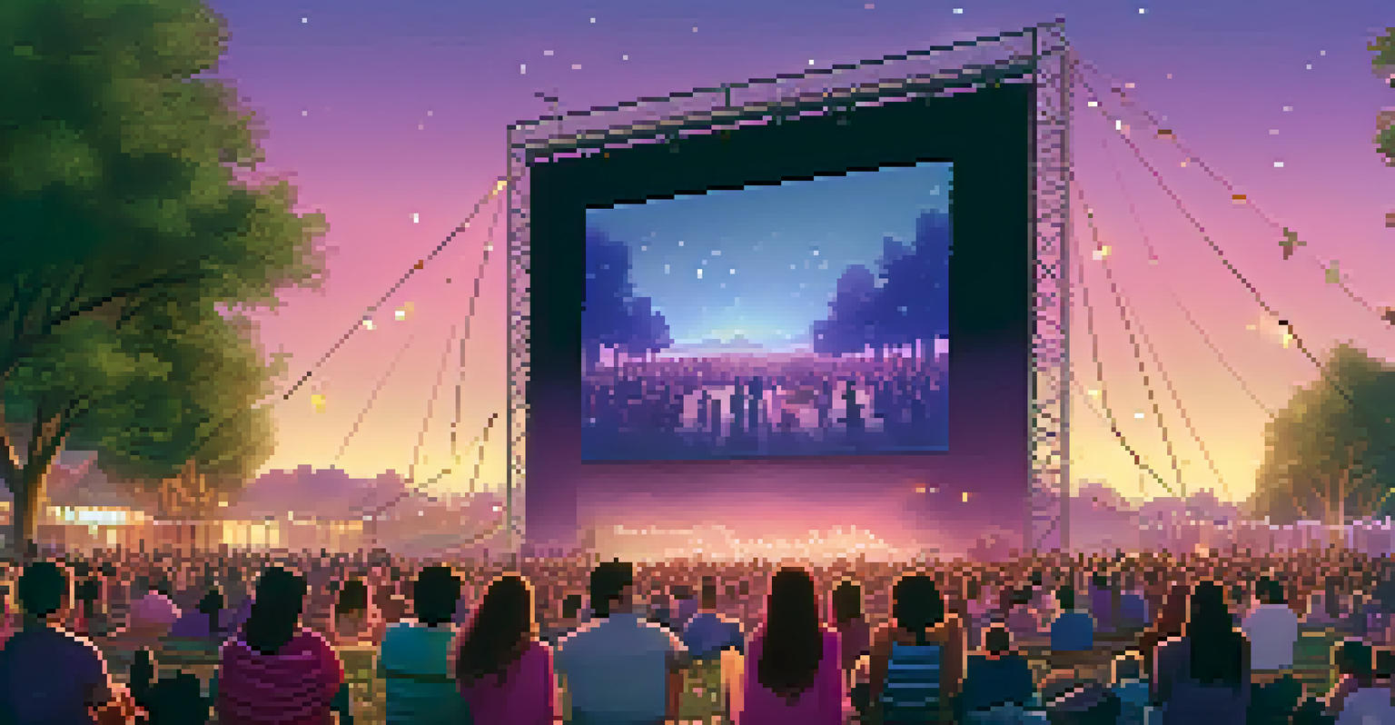 An outdoor film festival with a large screen showing a diverse film, and an audience of various backgrounds enjoying the event under a twilight sky.