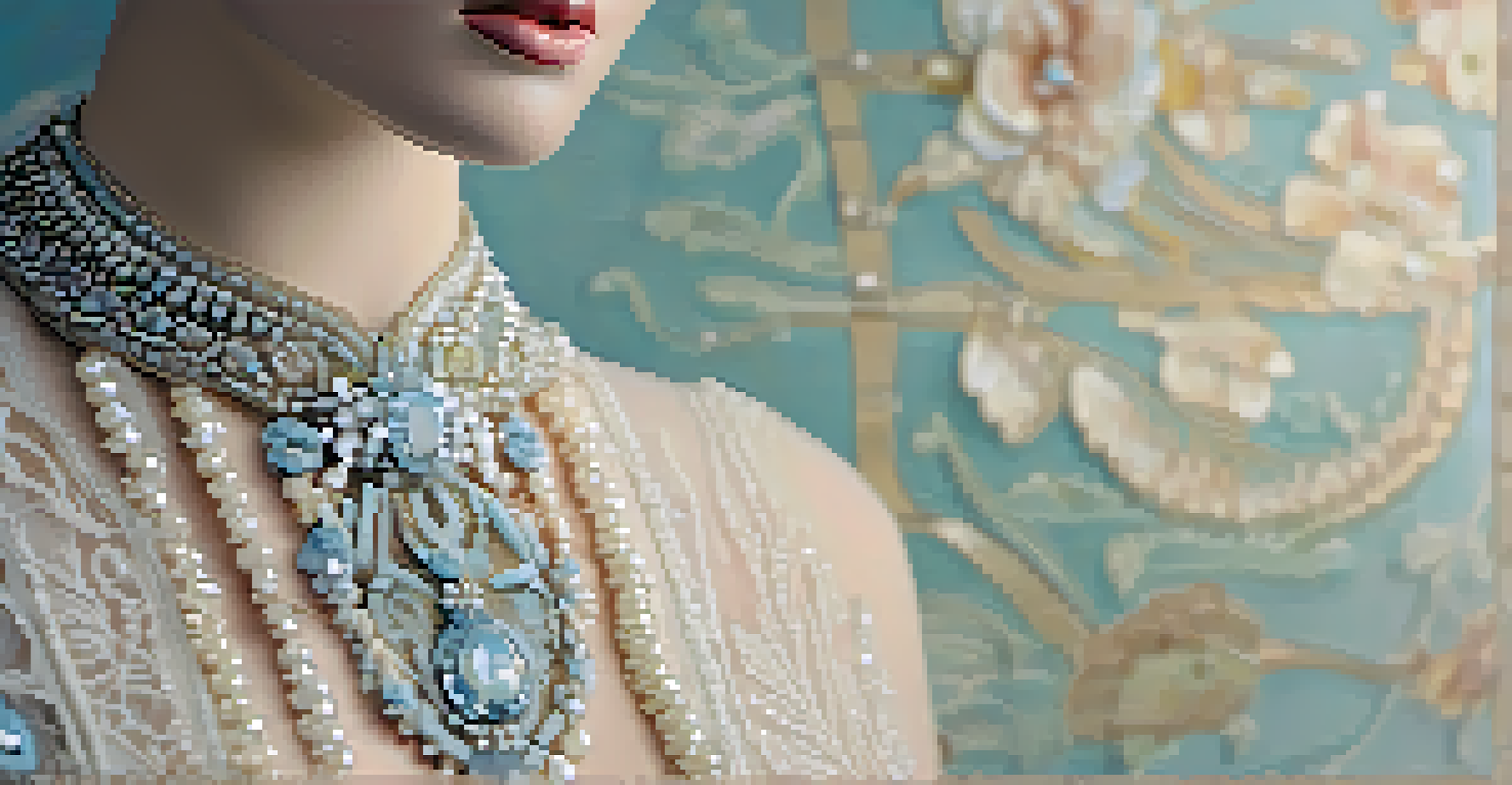 A close-up of a vintage 1920s dress with intricate beading and lace, displayed against a soft background with accessories.
