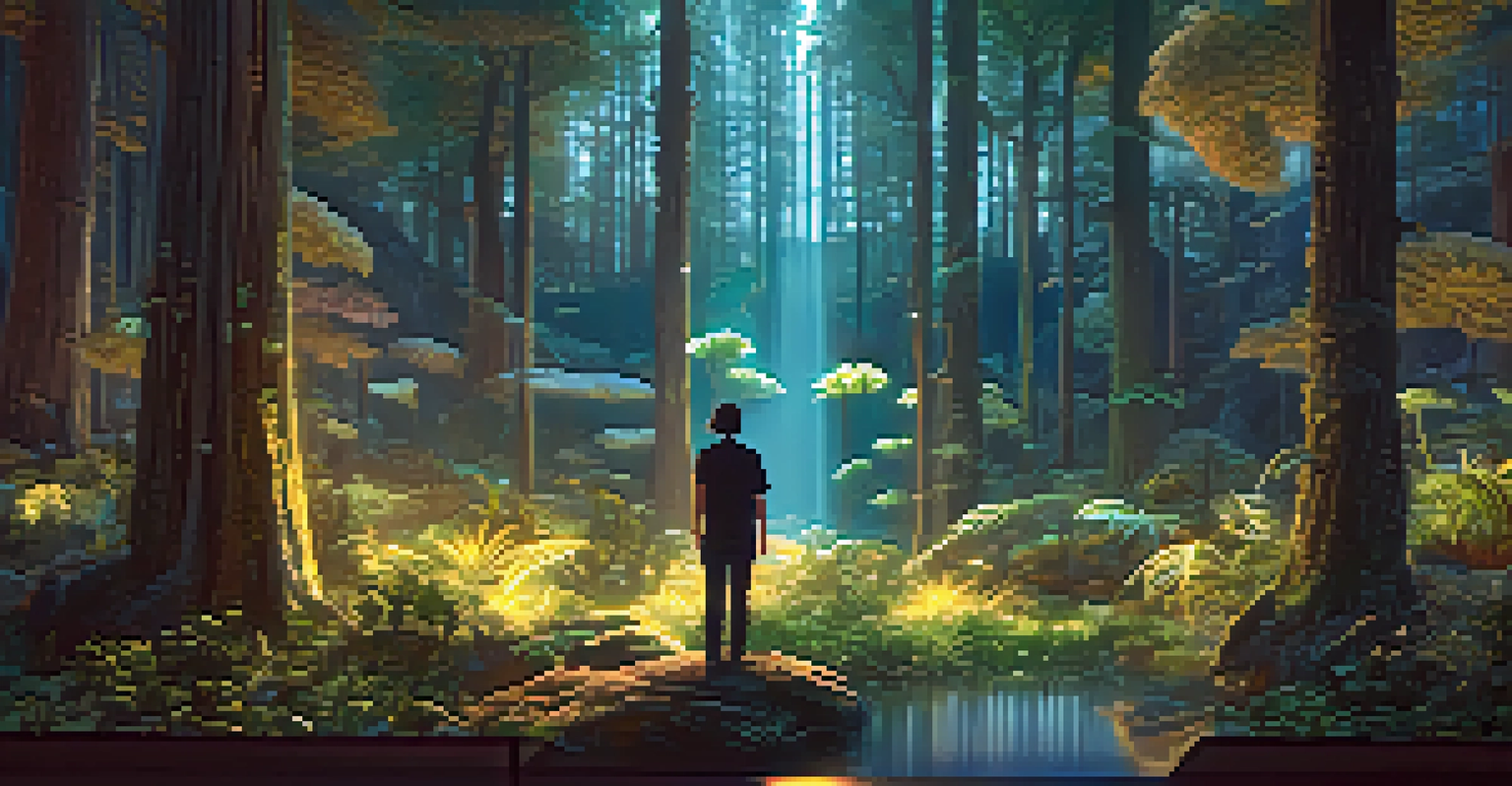 A magical forest scene from a VR film, with glowing plants and ethereal creatures, viewed by a person standing at the edge.