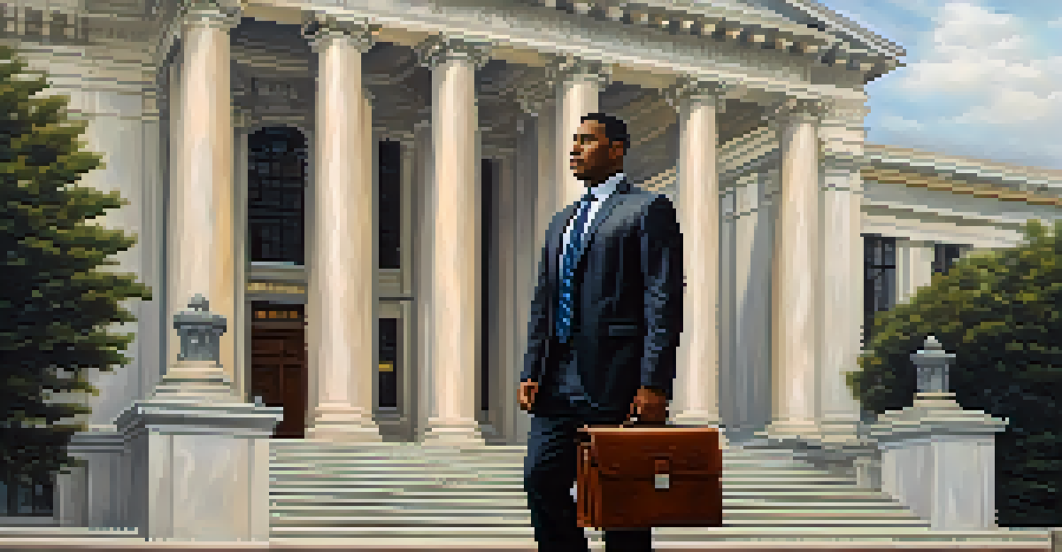 A public defender standing confidently in front of a grand courthouse, holding a briefcase with a determined expression, under an overcast sky.