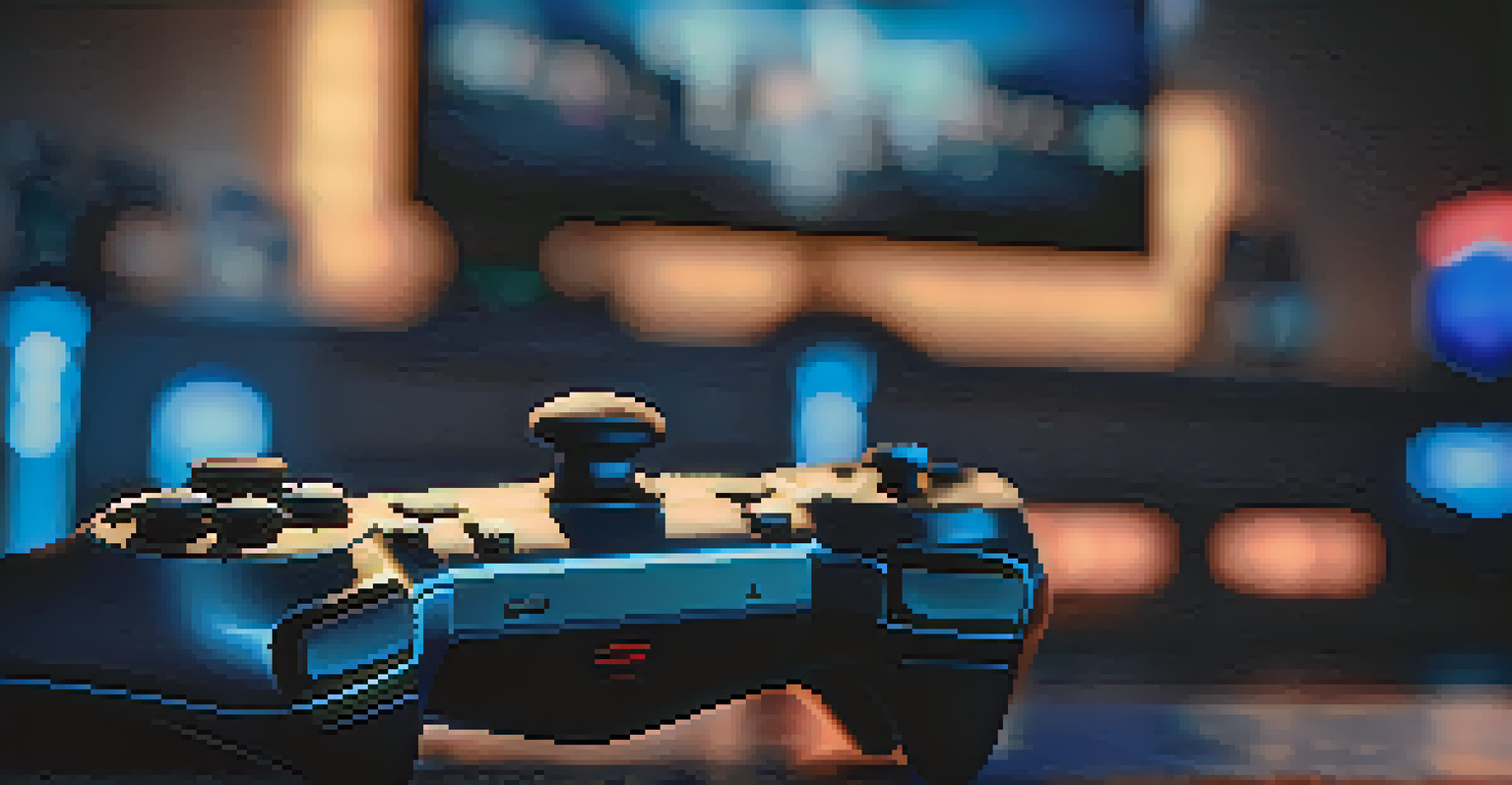 A close-up of a player's hand holding a gaming controller, with a blurred game screen in the background.