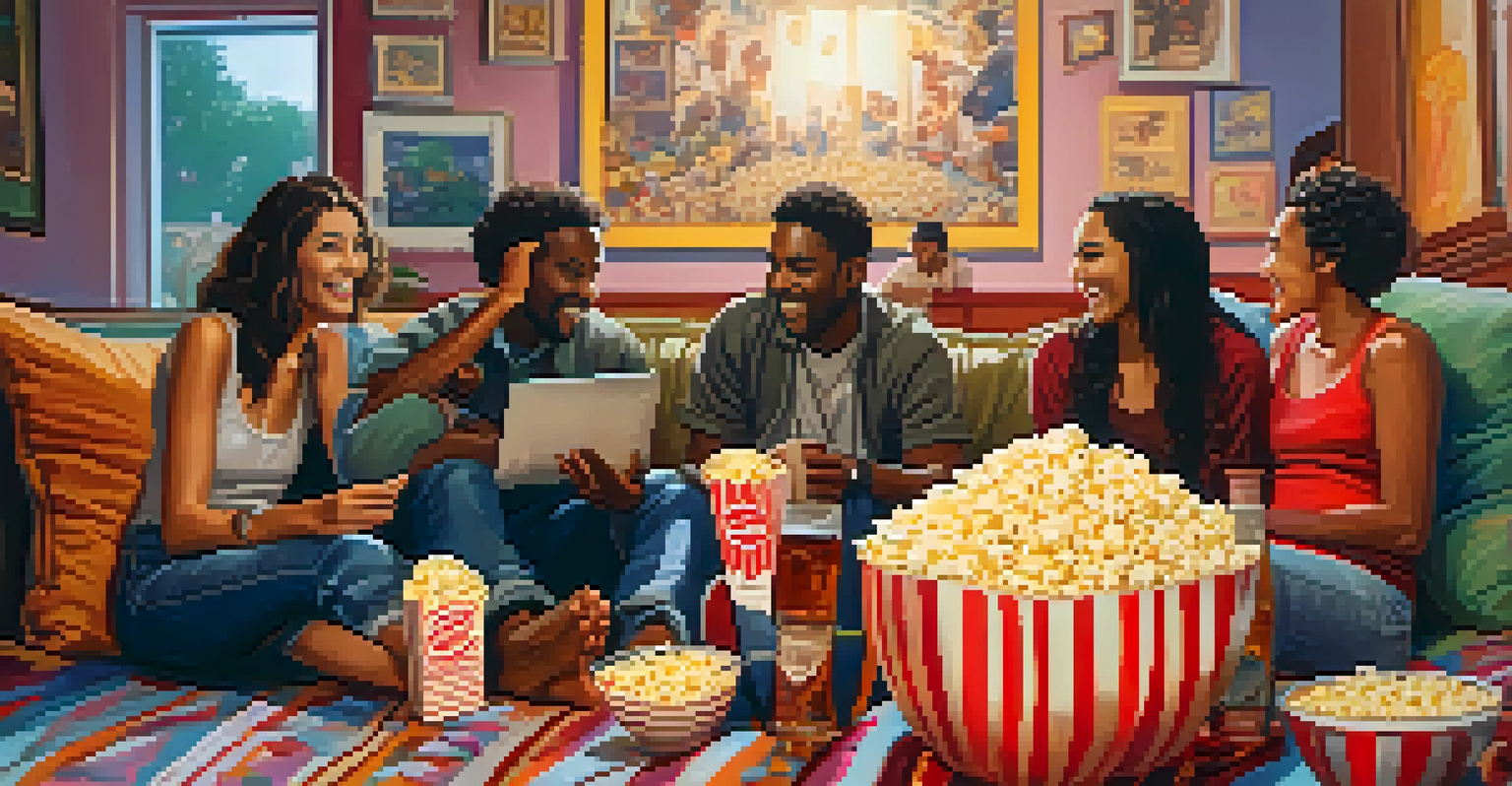 A diverse group of friends watching a foreign film on a laptop, surrounded by cultural artifacts and snacks, in a warmly lit room.