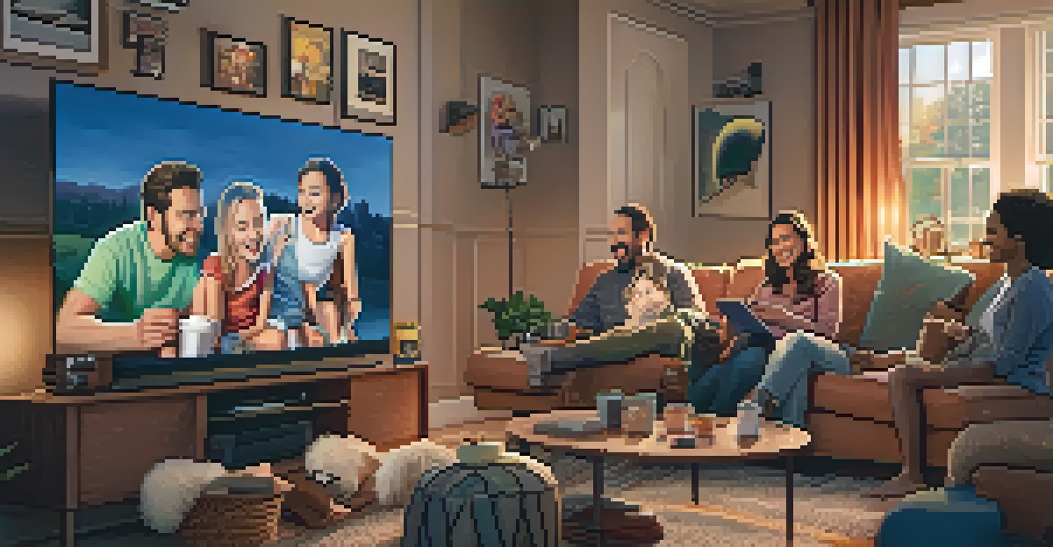 A family in a cozy living room watching a movie on a streaming platform, with warm lighting, popcorn on the table, and film posters on the walls.