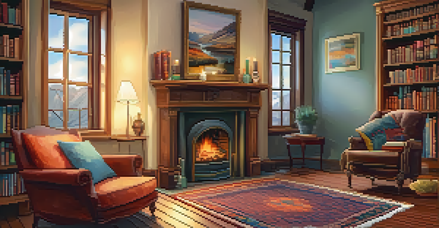 A cozy room with a fireplace, an armchair, and bookshelves filled with books.
