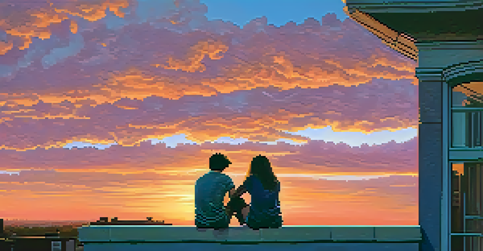 Two teenagers holding hands on a rooftop at sunset, silhouetted against a colorful sky.