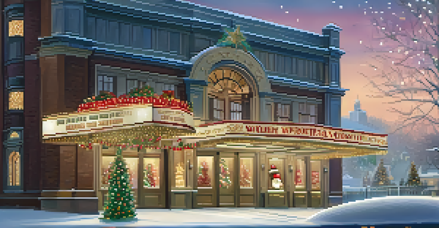 An elegant winter cinema entrance with festive decorations, golden lights, and a Christmas film poster, while snow gently falls outside.