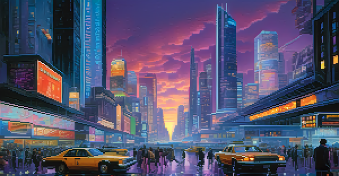 A futuristic city with neon-lit skyscrapers and a bustling street filled with pedestrians at dusk.