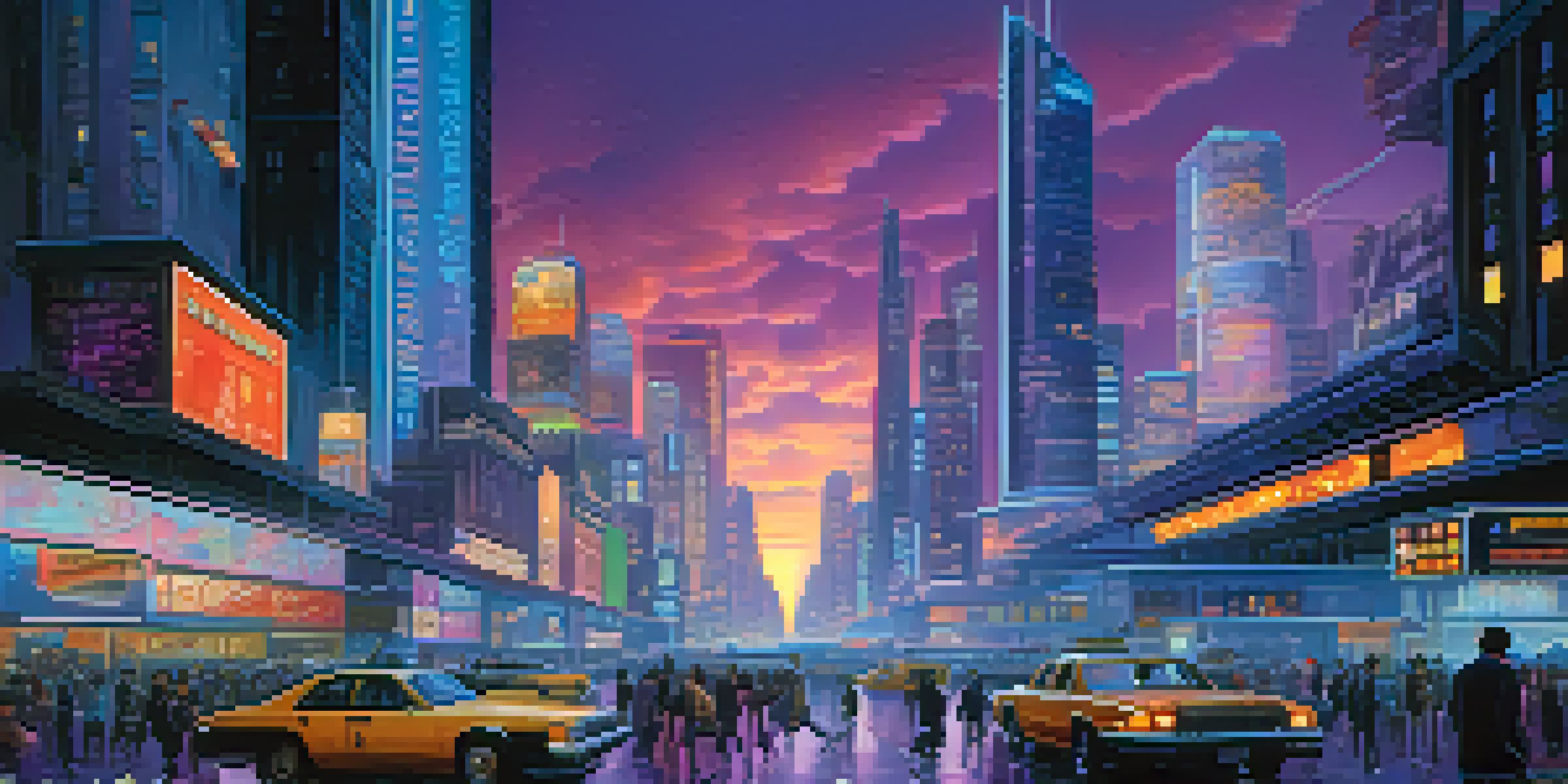 A futuristic city with neon-lit skyscrapers and a bustling street filled with pedestrians at dusk.