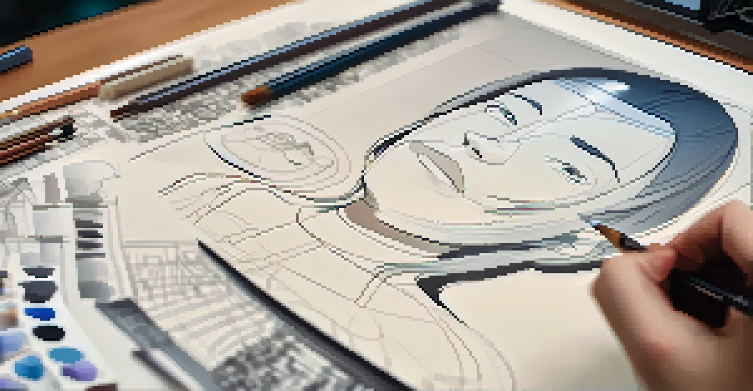 Close-up of an animated character design with detailed facial features and textures, surrounded by sketches and screens.