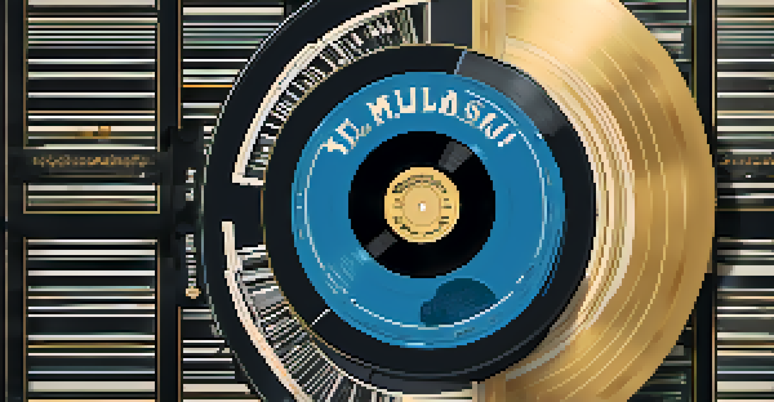 A vinyl record with film reels and musical notes, representing classic movie soundtracks.