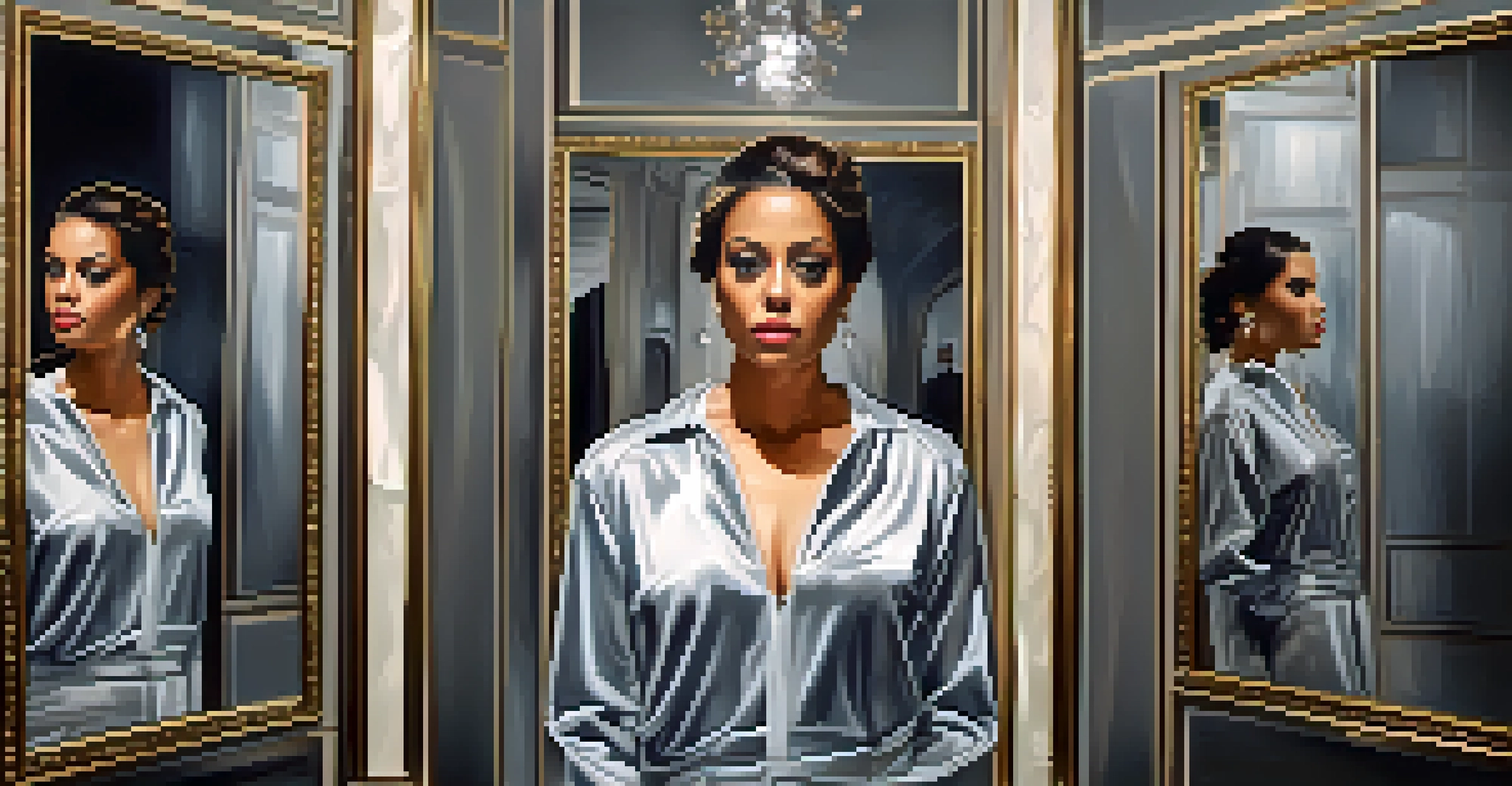 A celebrity surrounded by ornate mirrors reflecting exaggerated versions of themselves in a dimly lit room.