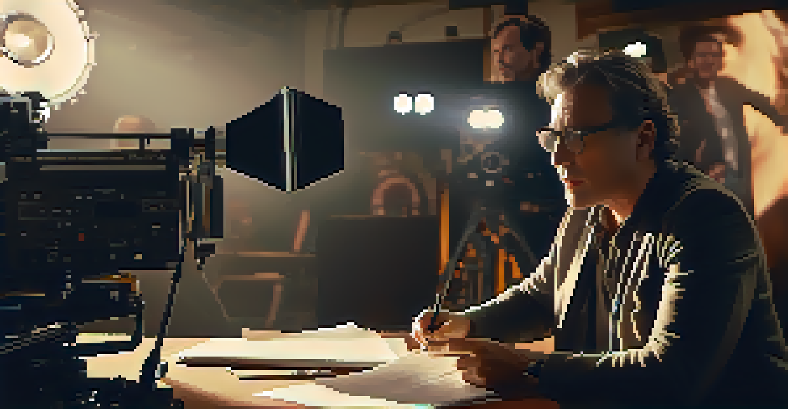 An international film director on set, discussing a scene with a diverse crew, surrounded by cameras and lights.