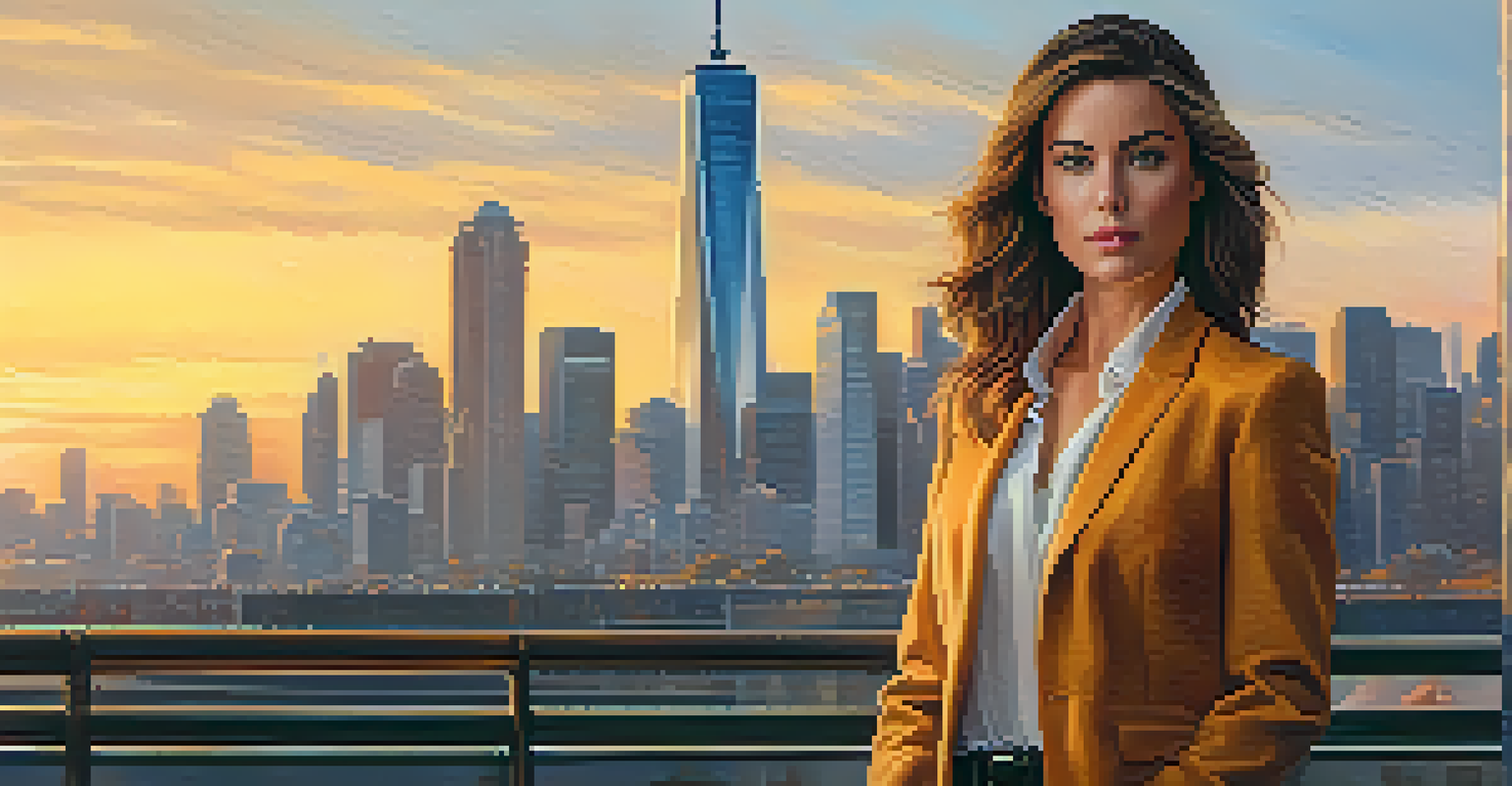 A confident modern woman in a professional outfit standing in an urban setting against a sunset skyline.