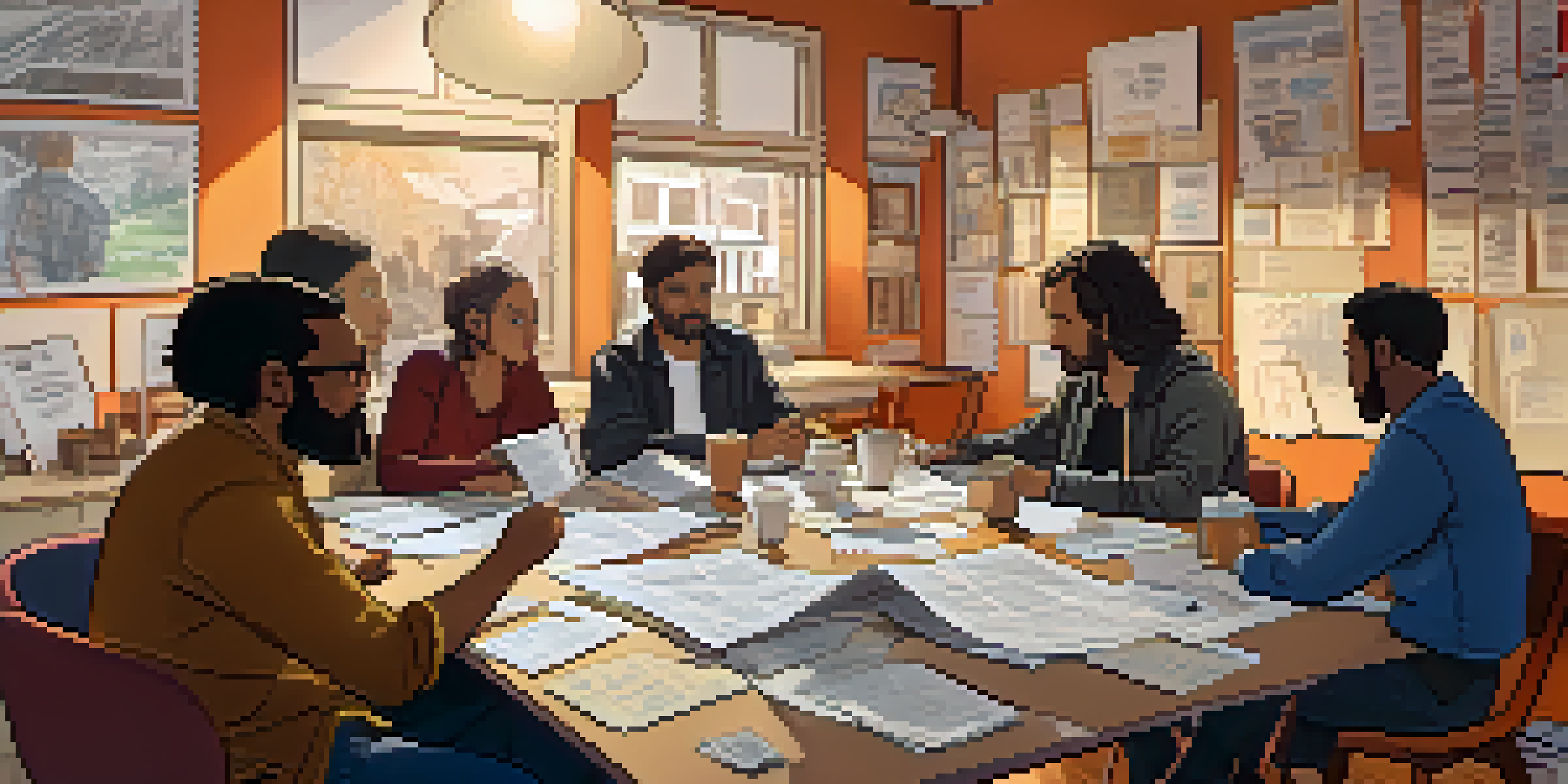 A group of producers and writers collaborating on a film script in a cozy, well-lit environment with storyboards and notes around them.