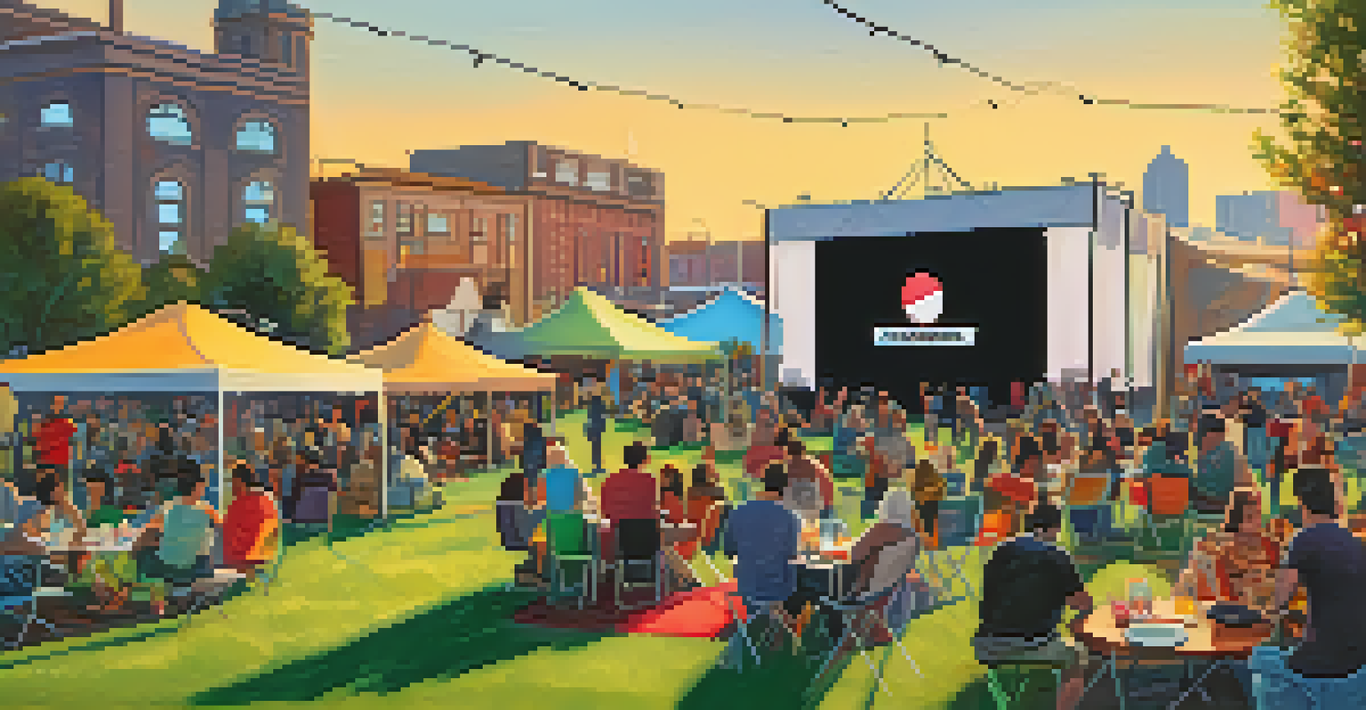 An outdoor film festival with a large screen, diverse audience, and colorful tents creating a vibrant atmosphere.