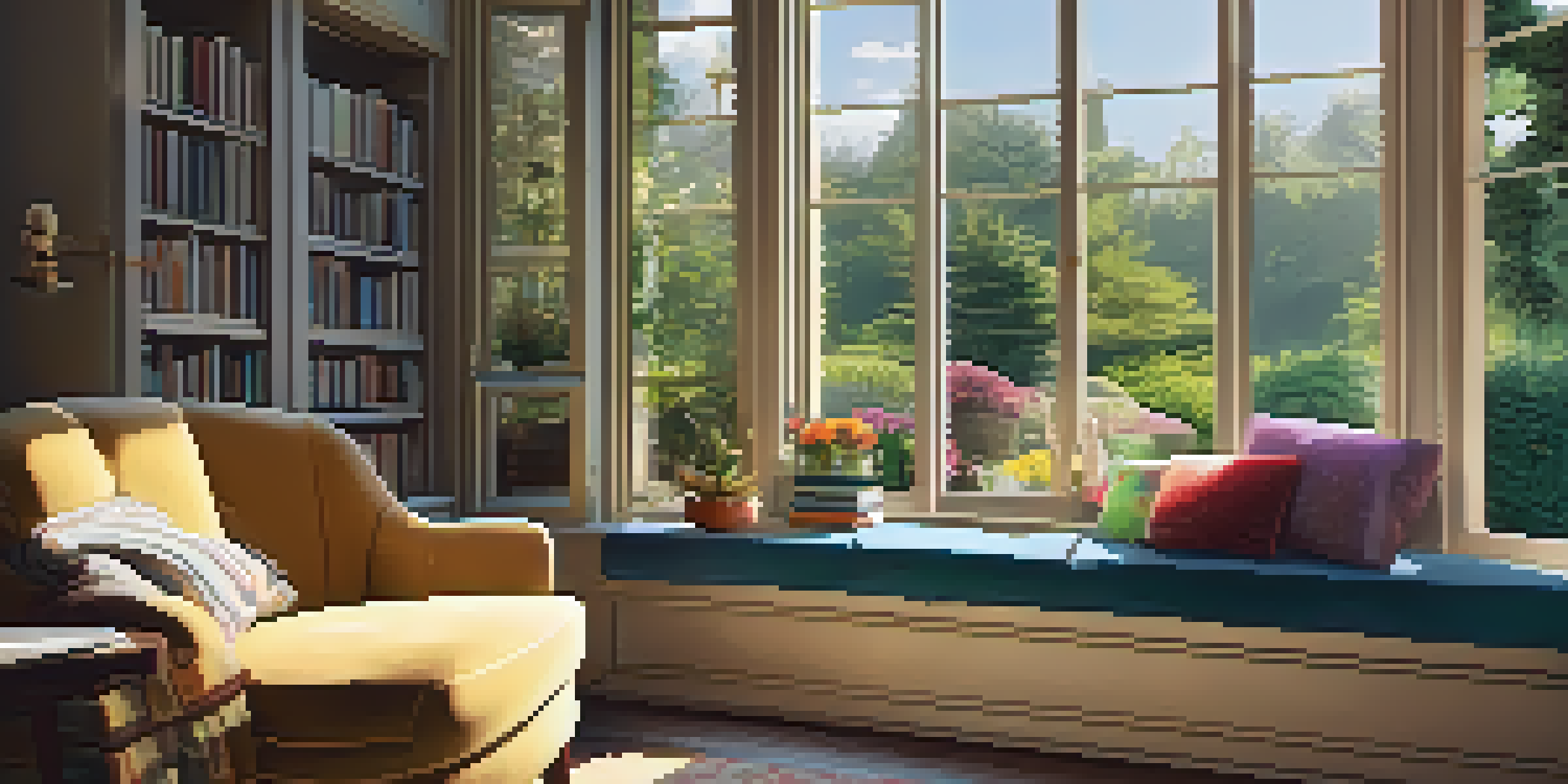 A warm and inviting reading nook with an armchair, cushions, and a cup of tea, overlooking a beautiful garden.