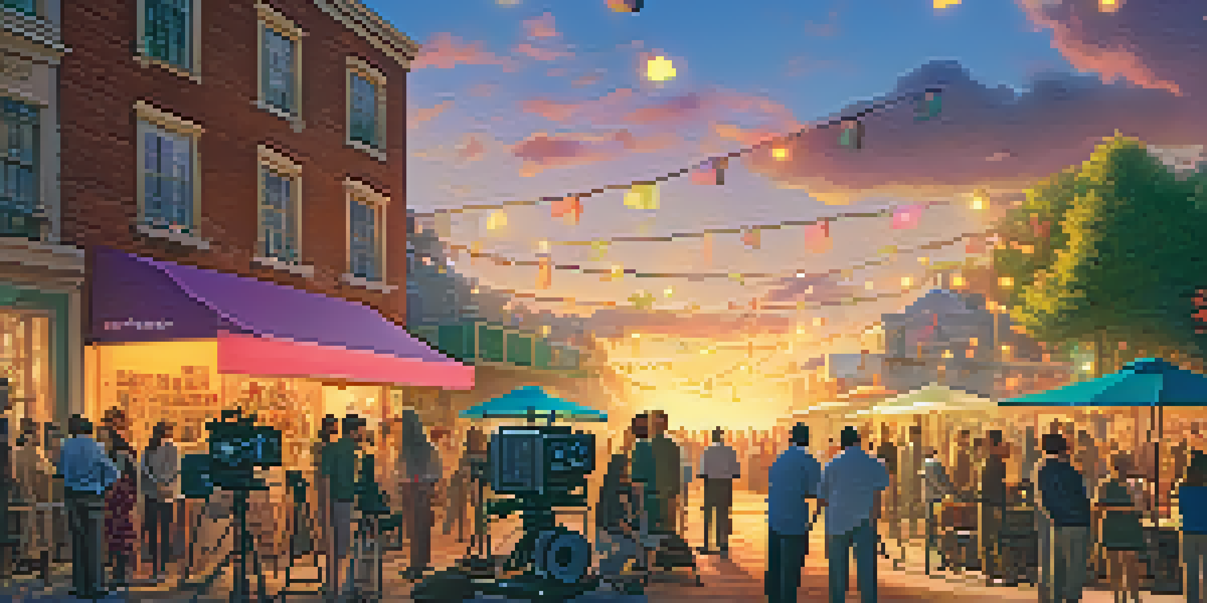 A busy film set with crew members working around a digital camera, vibrant props, and warm golden hour lighting.