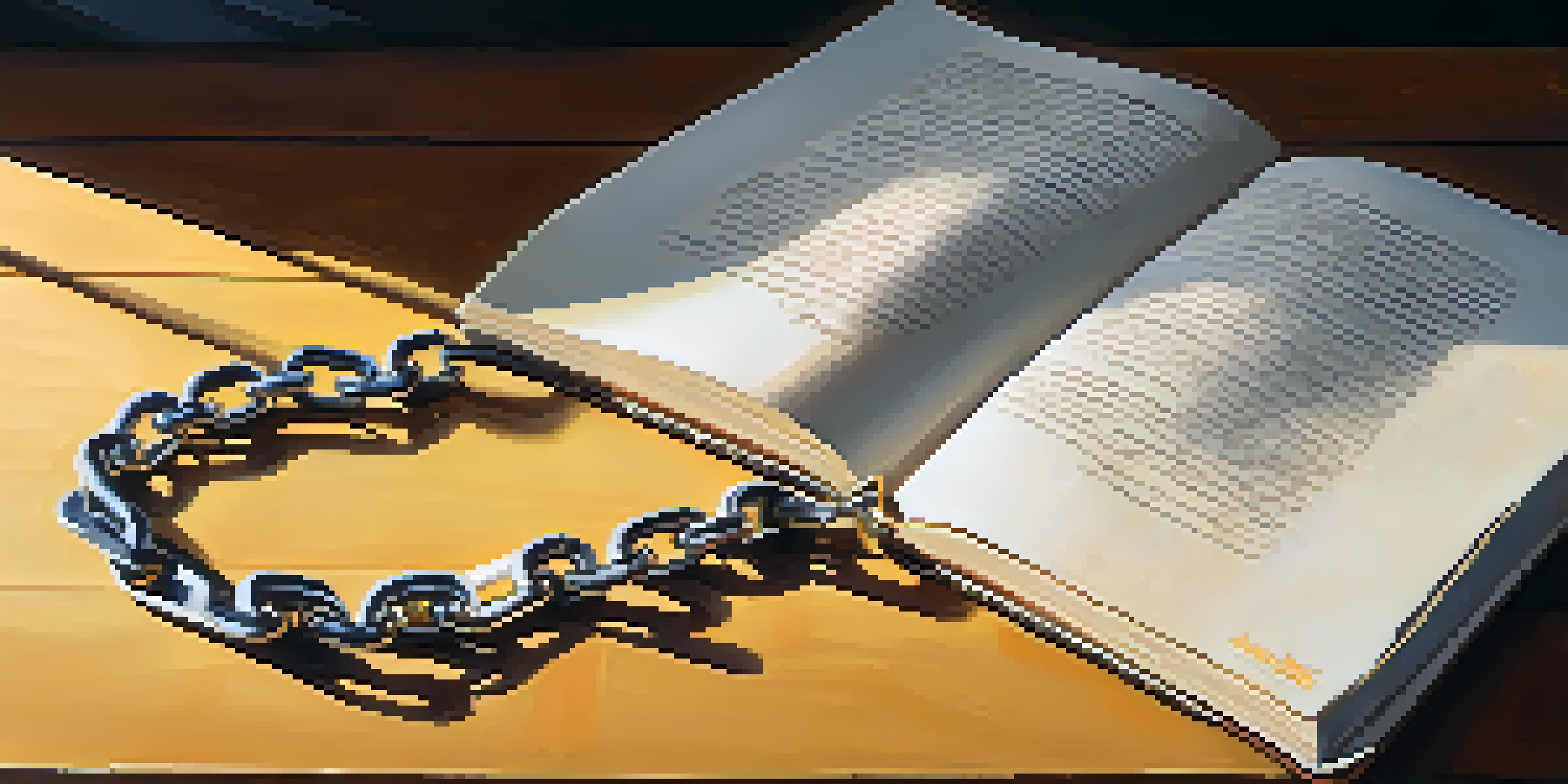 A broken chain on a wooden table with sunlight casting shadows, symbolizing breaking free from oppression and empowerment.