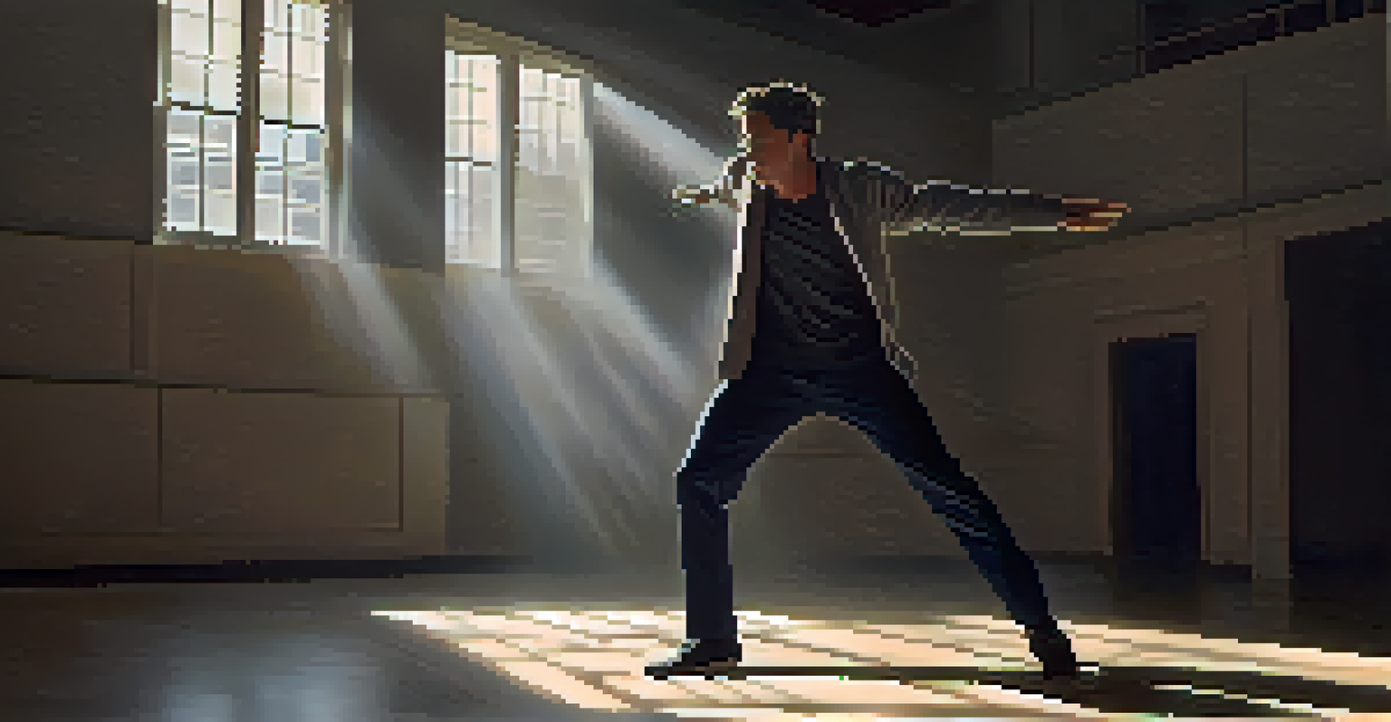 An actor expressing anxiety through body language during a rehearsal in a spacious room.