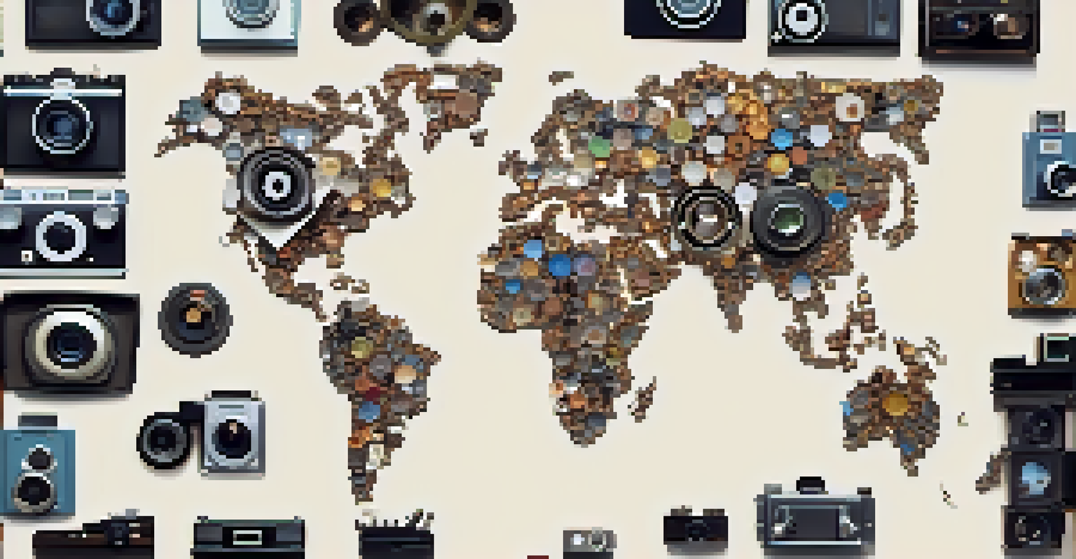 A world map composed of film reels and cameras, highlighting various film elements from different cultures on a colorful background.