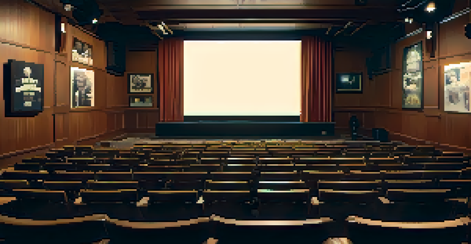 An intimate film screening room with an audience watching a classic film, surrounded by retro posters and a vintage projector.