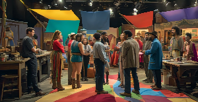 A diverse film set with actors and crew collaborating on a project, bathed in warm lighting and colorful costumes.