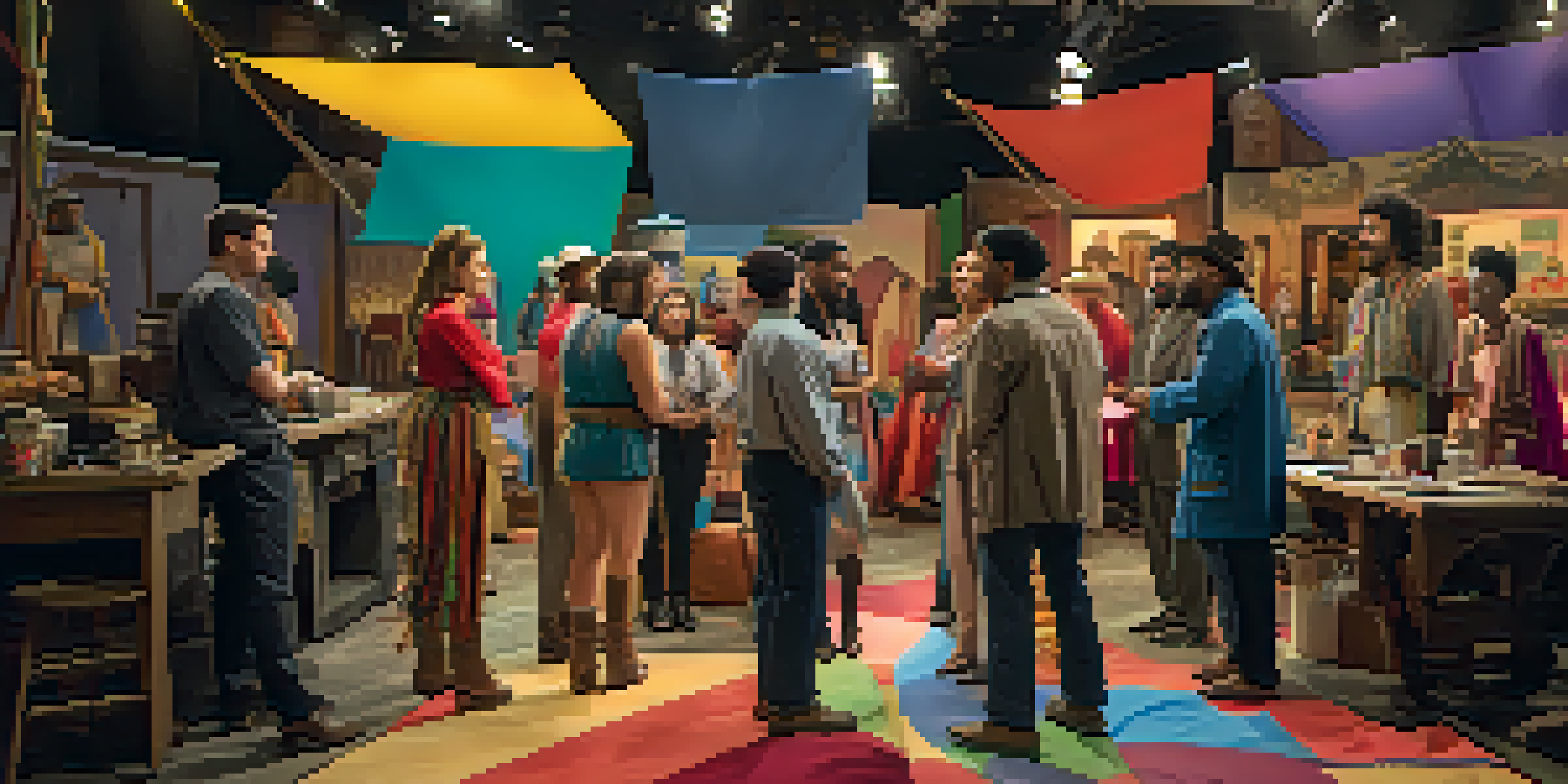 A diverse film set with actors and crew collaborating on a project, bathed in warm lighting and colorful costumes.