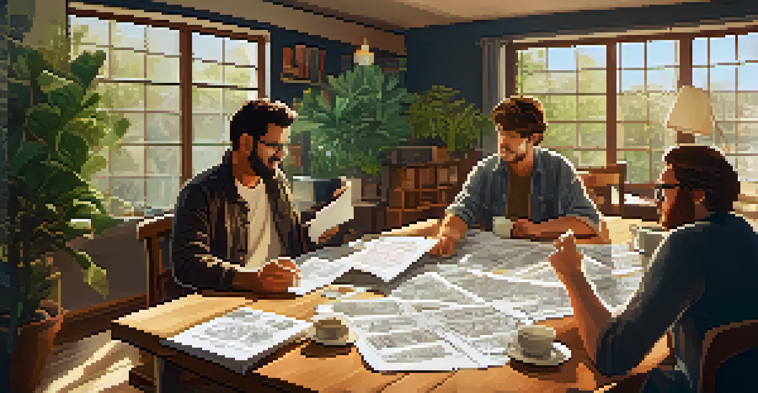 A film director and editor in a brainstorming session at a table covered with storyboards and scripts, discussing ideas in a cozy workspace.