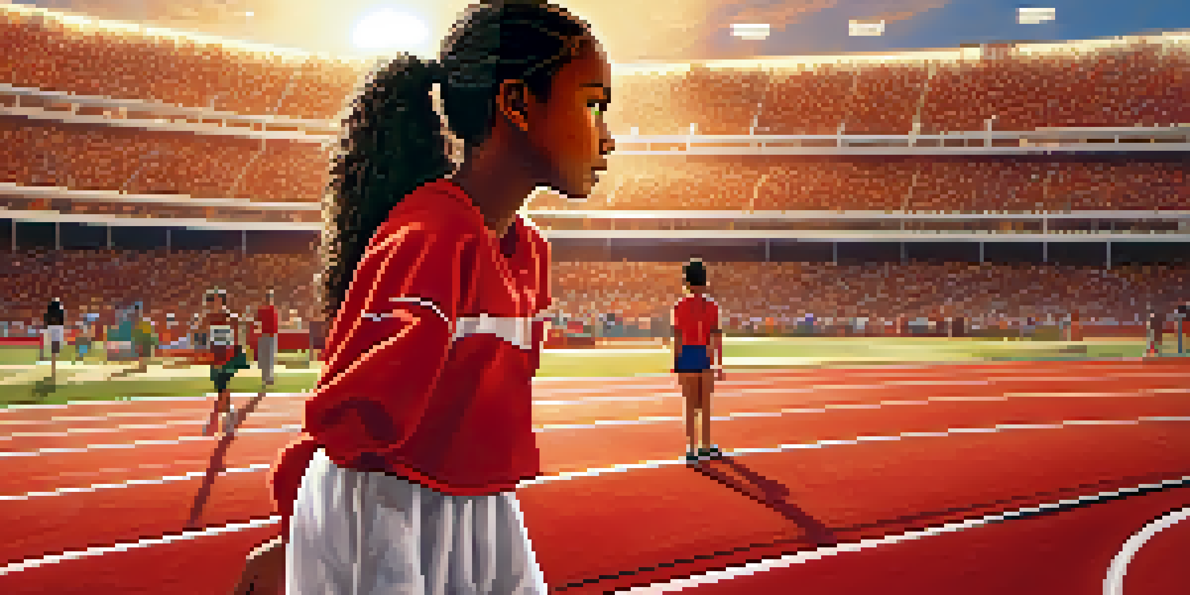 A young girl in a red sports uniform practicing on a track, looking determined as the sun sets behind her.