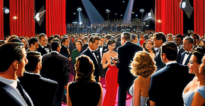 A vibrant Hollywood premiere event with celebrities on a red carpet, surrounded by photographers and excited fans.