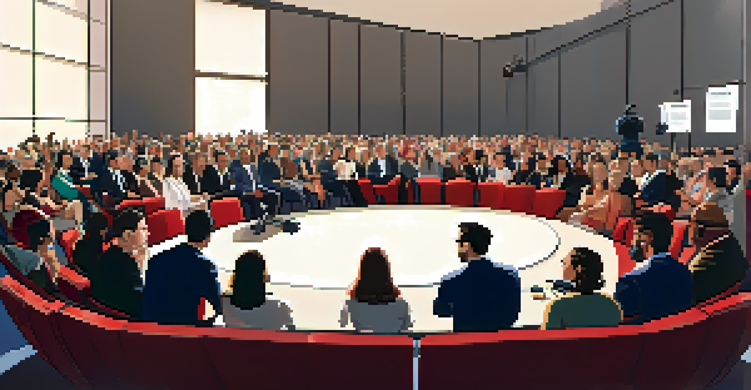 An elegant panel discussion at a film festival with diverse industry professionals, an attentive audience, and soft lighting.