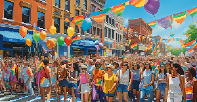 A lively street filled with people celebrating a pride parade, wearing colorful outfits and holding flags, under a sunny sky.