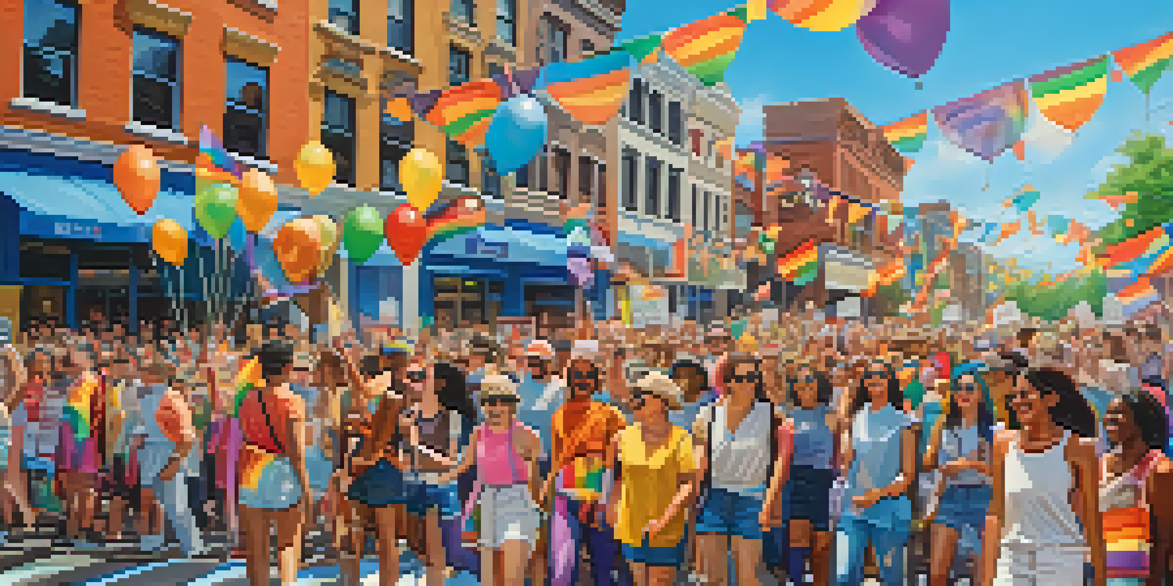 A lively street filled with people celebrating a pride parade, wearing colorful outfits and holding flags, under a sunny sky.
