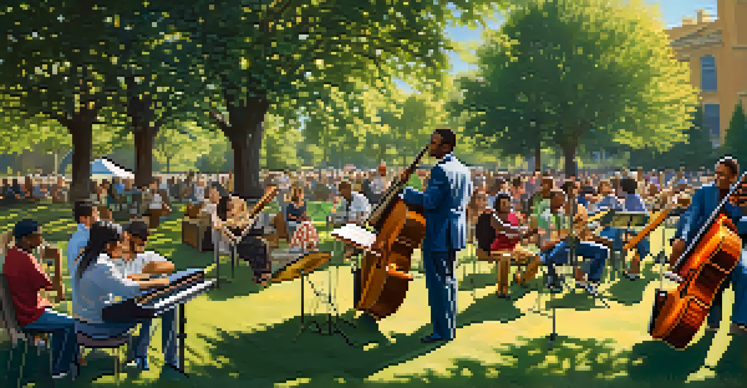 A group of diverse musicians performing in a park with sunlight filtering through trees, and an audience enjoying the music.