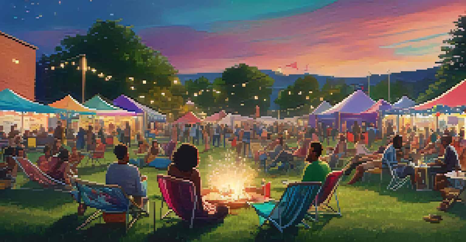 An outdoor film festival with a large screen, diverse people enjoying a movie, and string lights creating a festive atmosphere.