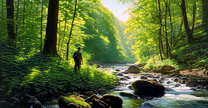 A peaceful forest scene with sunlight shining through the leaves, a stream, and a wildlife photographer.