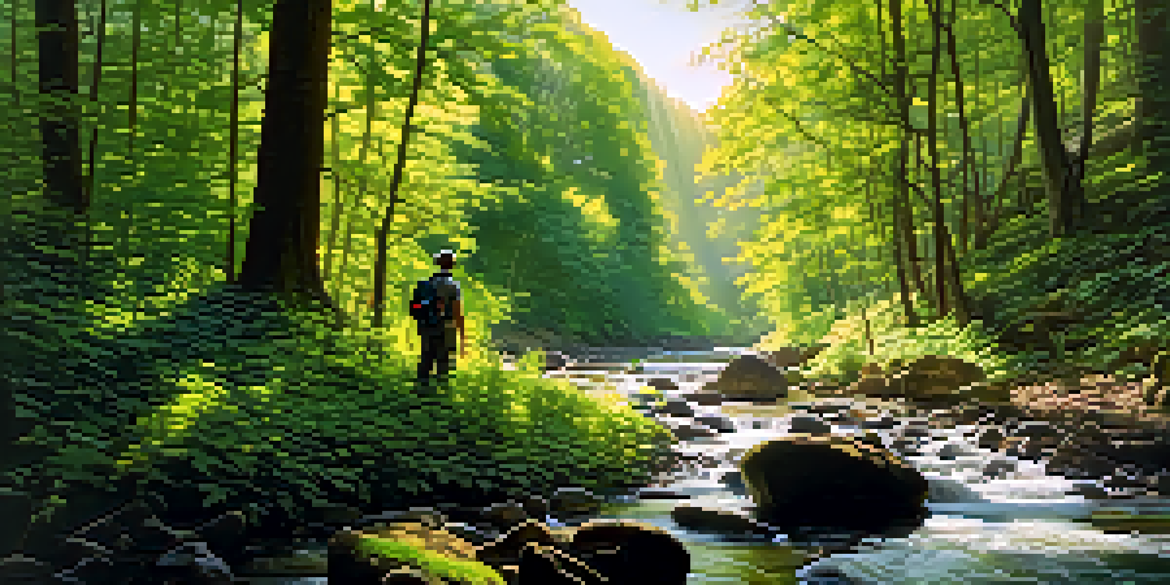 A peaceful forest scene with sunlight shining through the leaves, a stream, and a wildlife photographer.