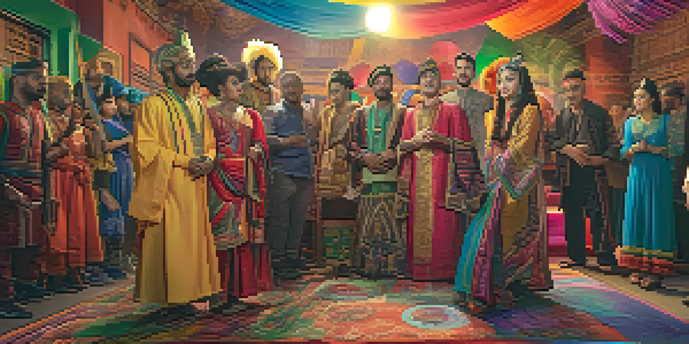 A film set with a diverse group of actors and crew members working together, surrounded by colorful props and equipment.