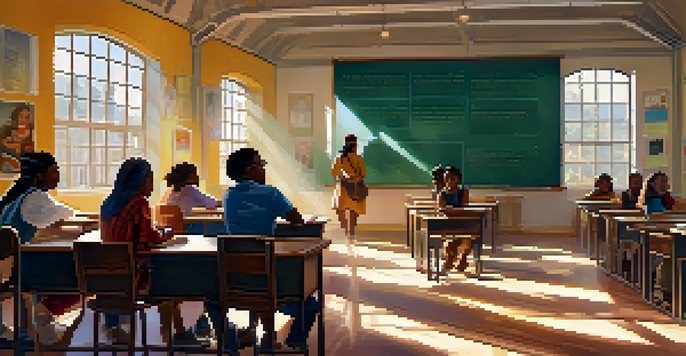 A classroom with diverse students discussing a historical film, illuminated by sunlight.