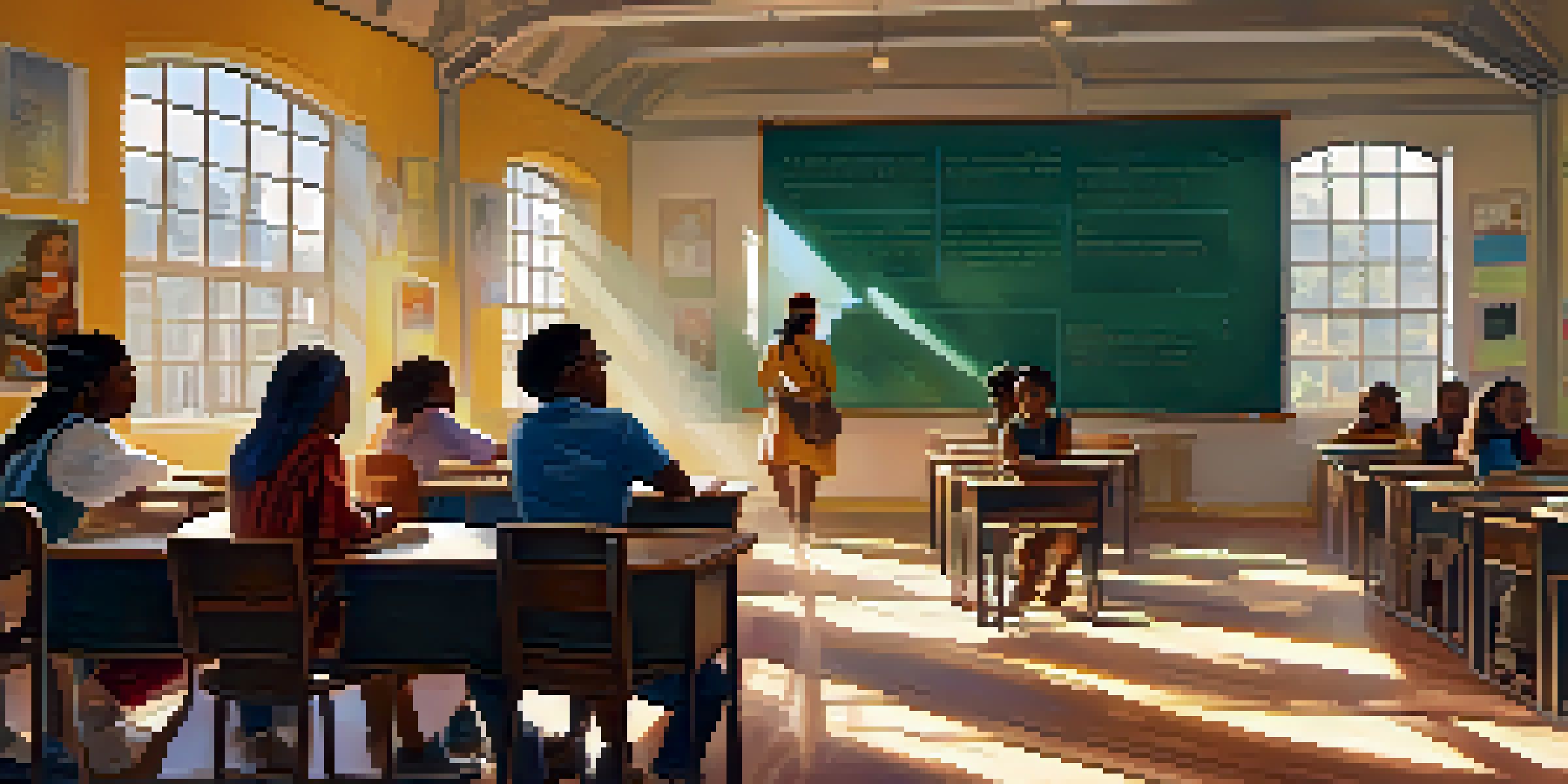 A classroom with diverse students discussing a historical film, illuminated by sunlight.