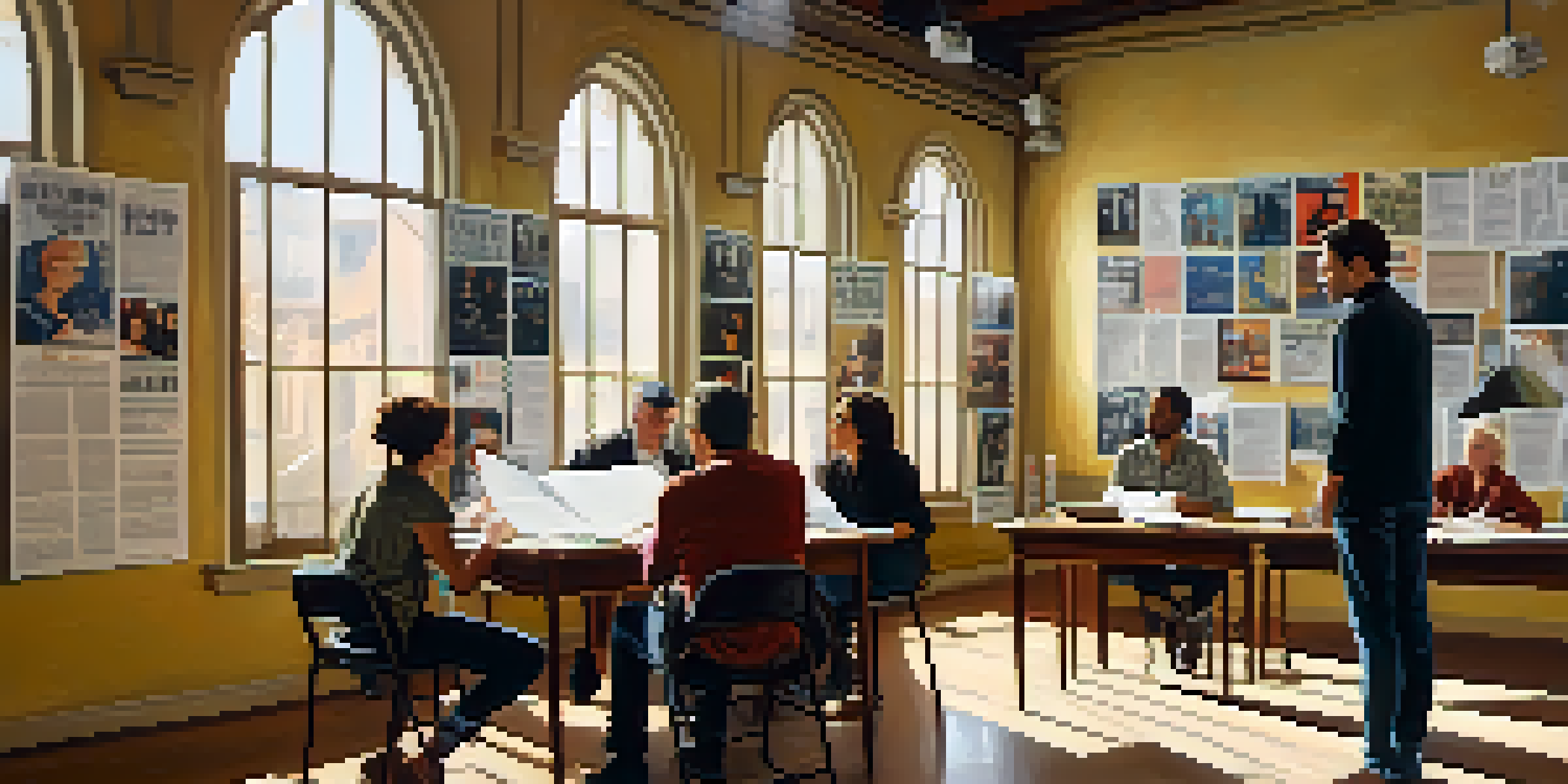 A lively casting room with actors auditioning under natural light, a director observing, and film posters adorning the walls.