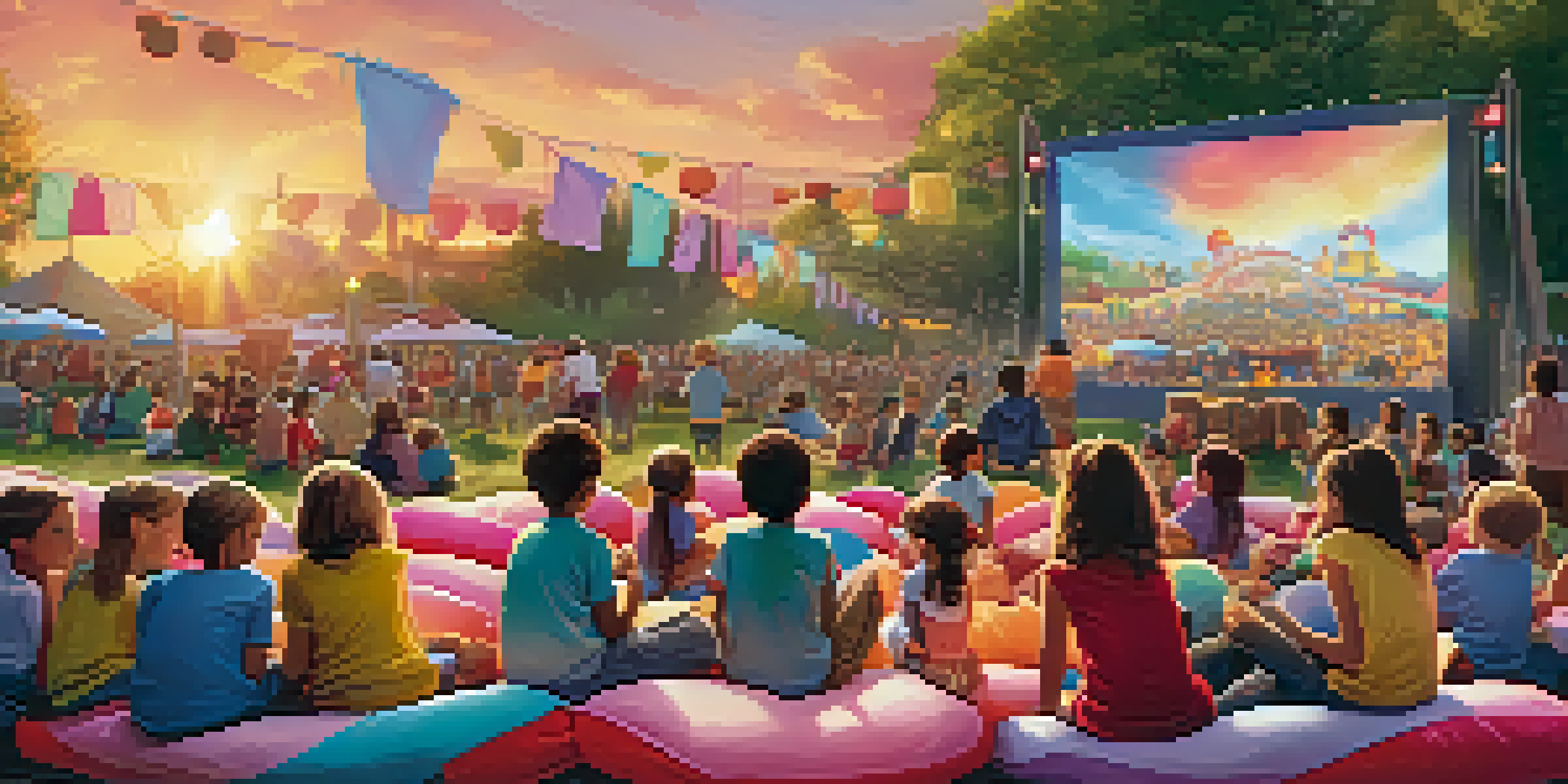 A lively children's film festival with kids watching a movie on a big screen, surrounded by colorful decorations and food stalls.