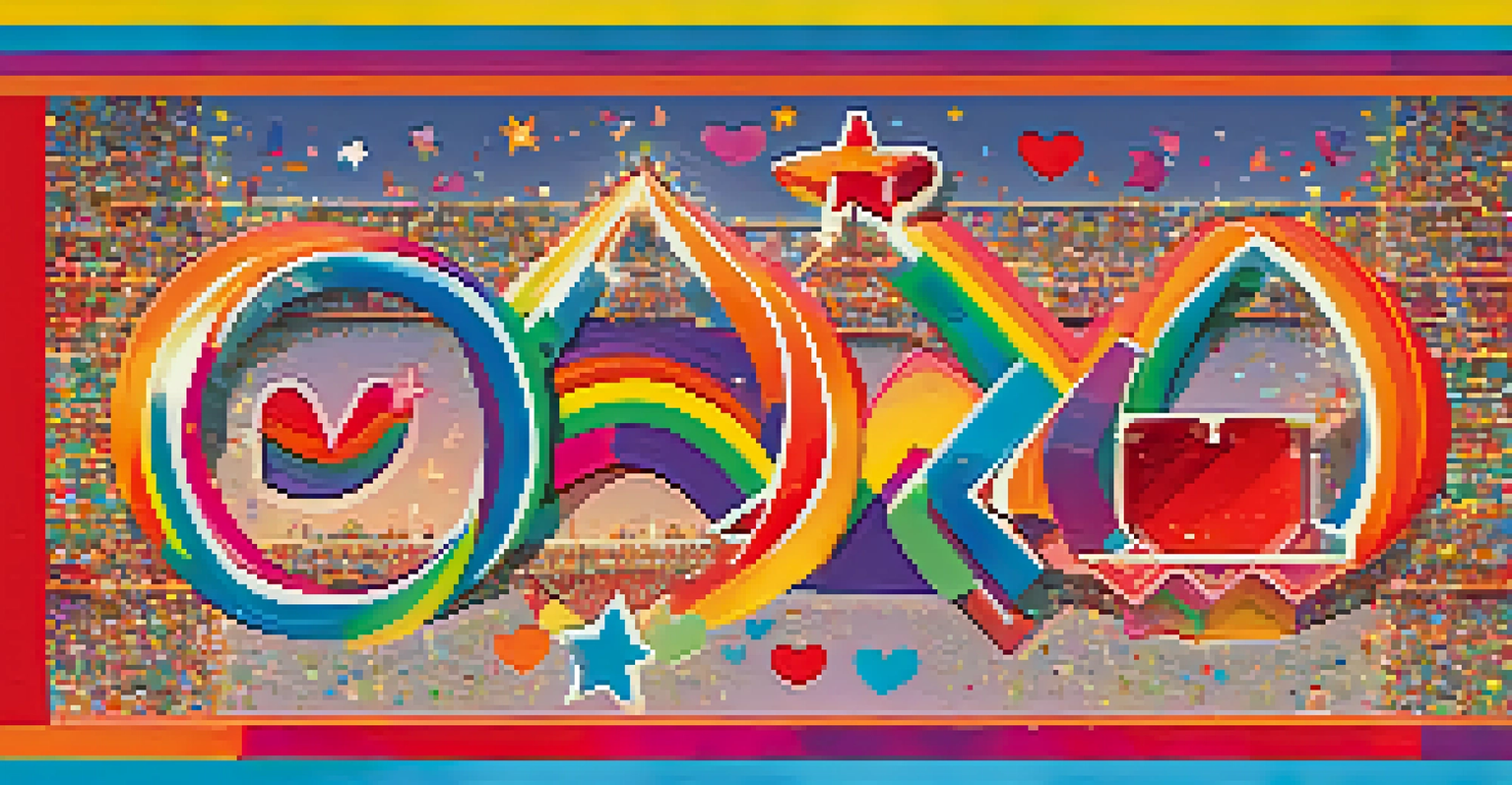 A colorful abstract poster for an LGBTQ+ film festival with symbols of love and inclusivity.