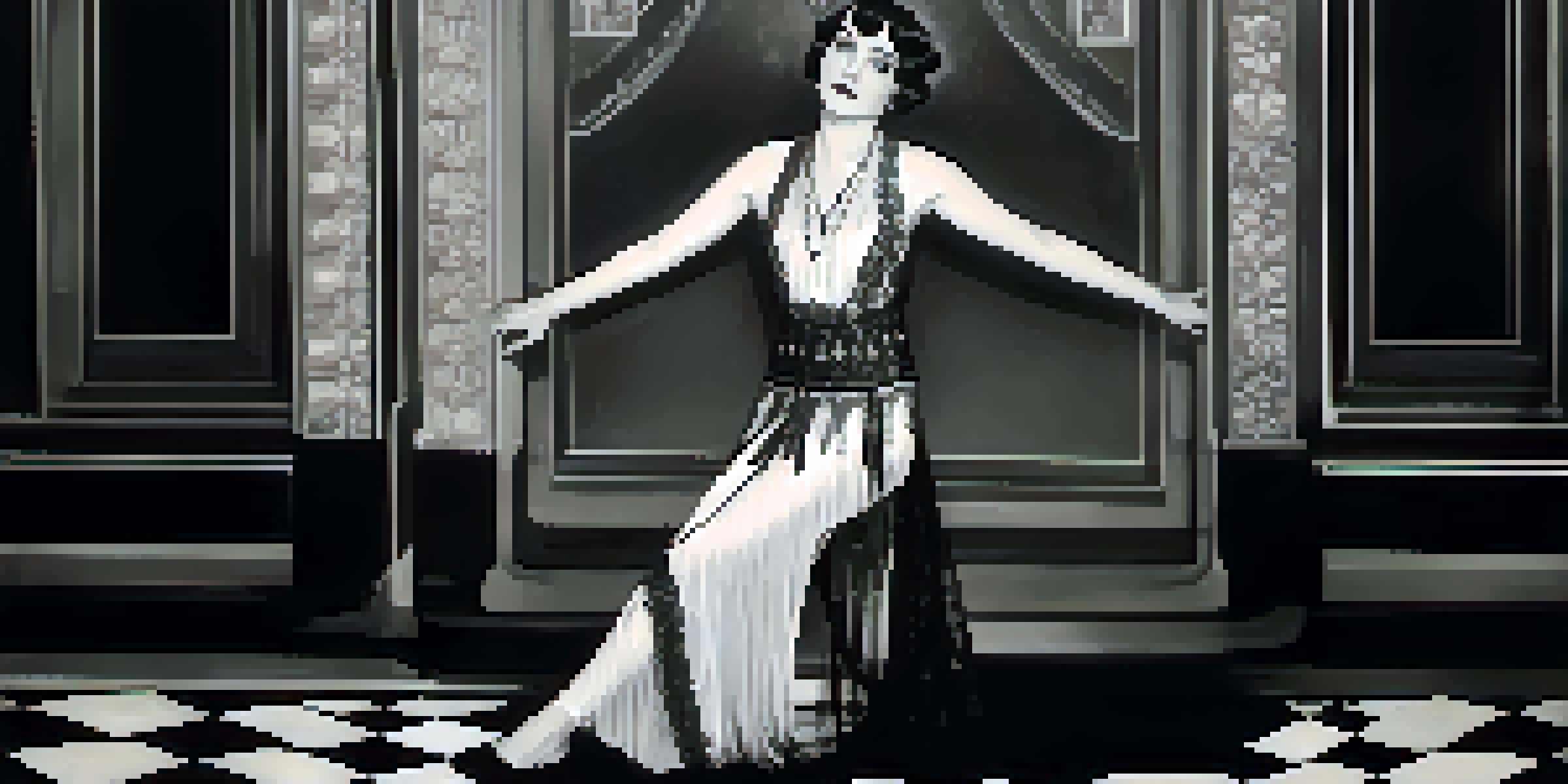 A silent film actress in a vintage 1920s dress posing dramatically on a film set, surrounded by soft lighting.