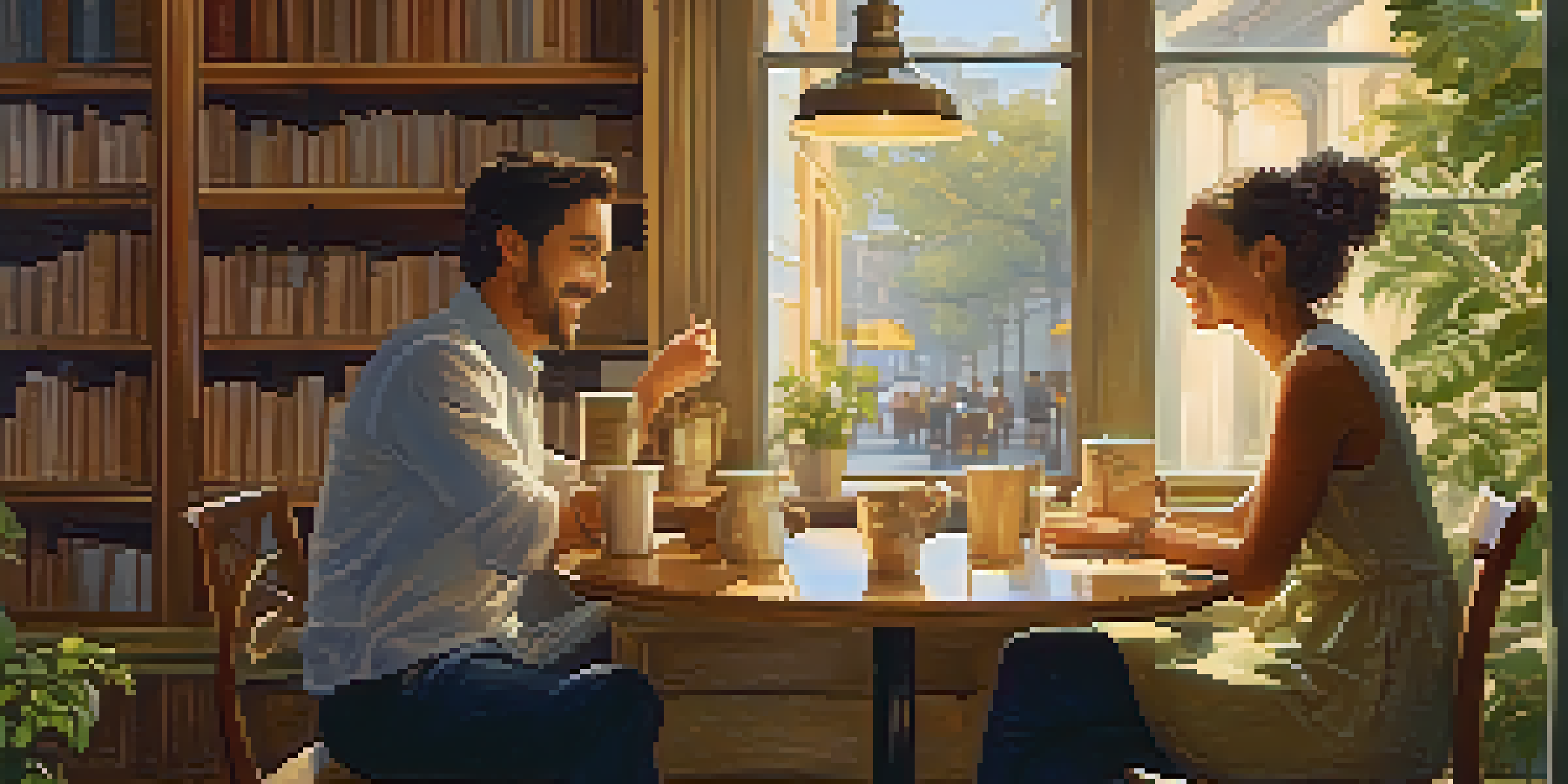 A couple laughing together in a cozy café, warm lighting, surrounded by books and plants.