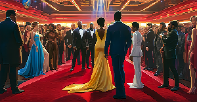 A group of diverse movie characters from various franchises posing on a red carpet, with cameras flashing and an excited crowd in the background.